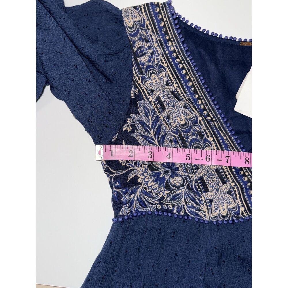 Free People My‎ Love Mini Dress Boho Hippie Balloon Sleeve Blue Floral Patch XS - Picture 12 of 16